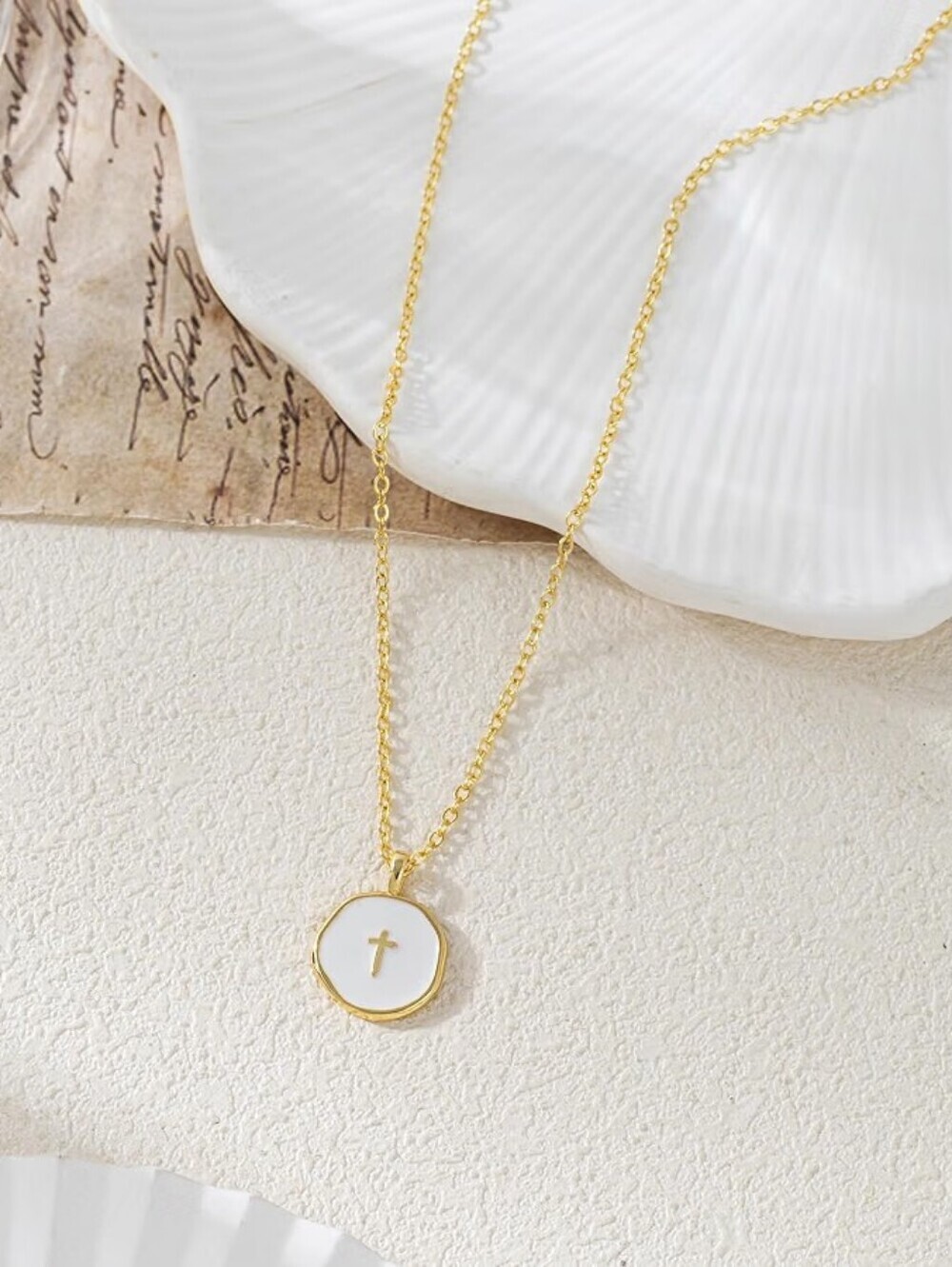 Dainty 14K Gold Plated Faith Cross Necklace Enamel Disc Pendant Religious